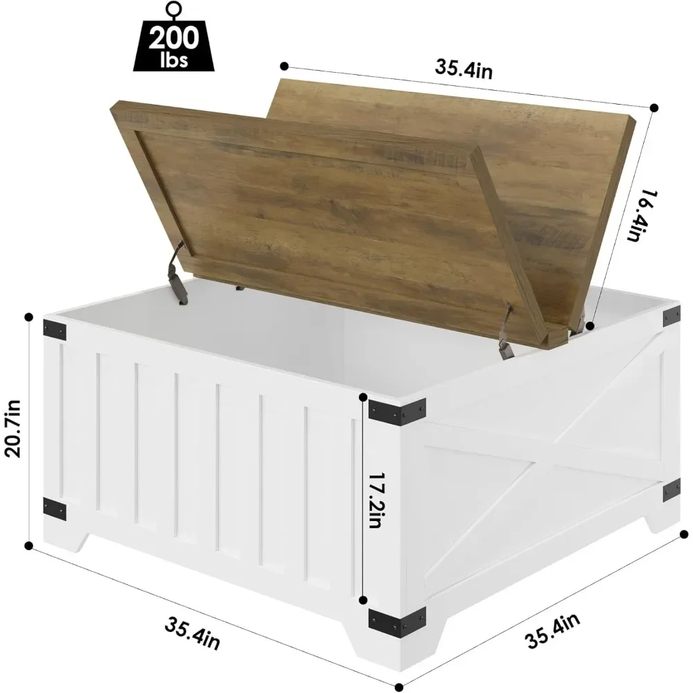 Mesa de centro cuadrada de 35,4 pulgadas con almacenamiento, mesa central de granja con tapa elevable con bisagras, mesa de cóctel de madera con tapa gruesa