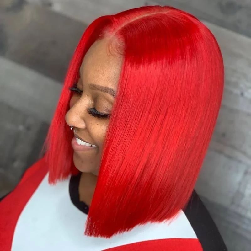 Red Short Bob Wig Human Hair Straight 13X4 Lace Frontal Wig With Natural Hairline Pre Plucked Short Human Hair Wigs