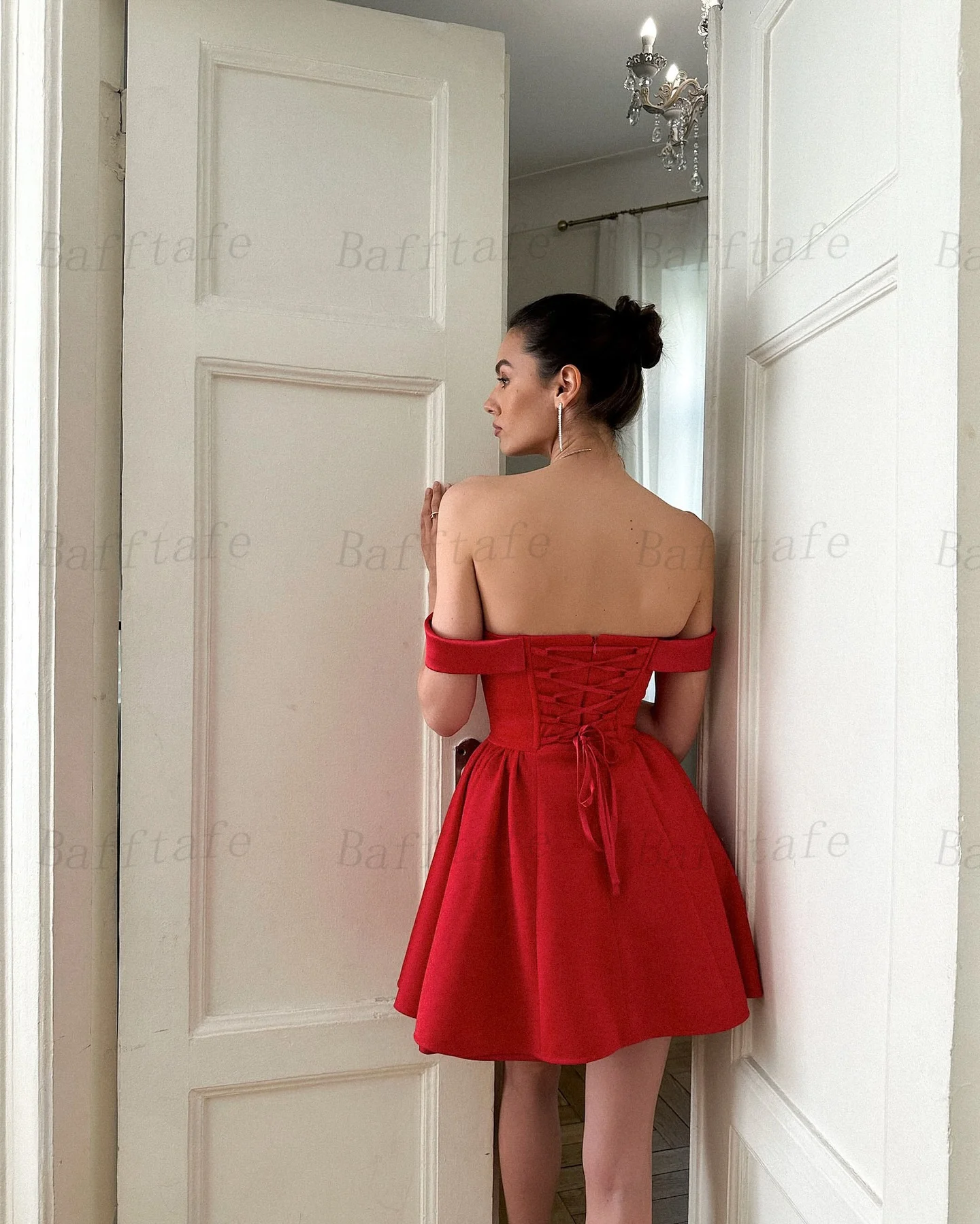 Bafftafe Red Matte Satin Short Prom Dresses Off The Shoulder Formal Cocktail Dress Customized Above Knee Mini Women Outfits