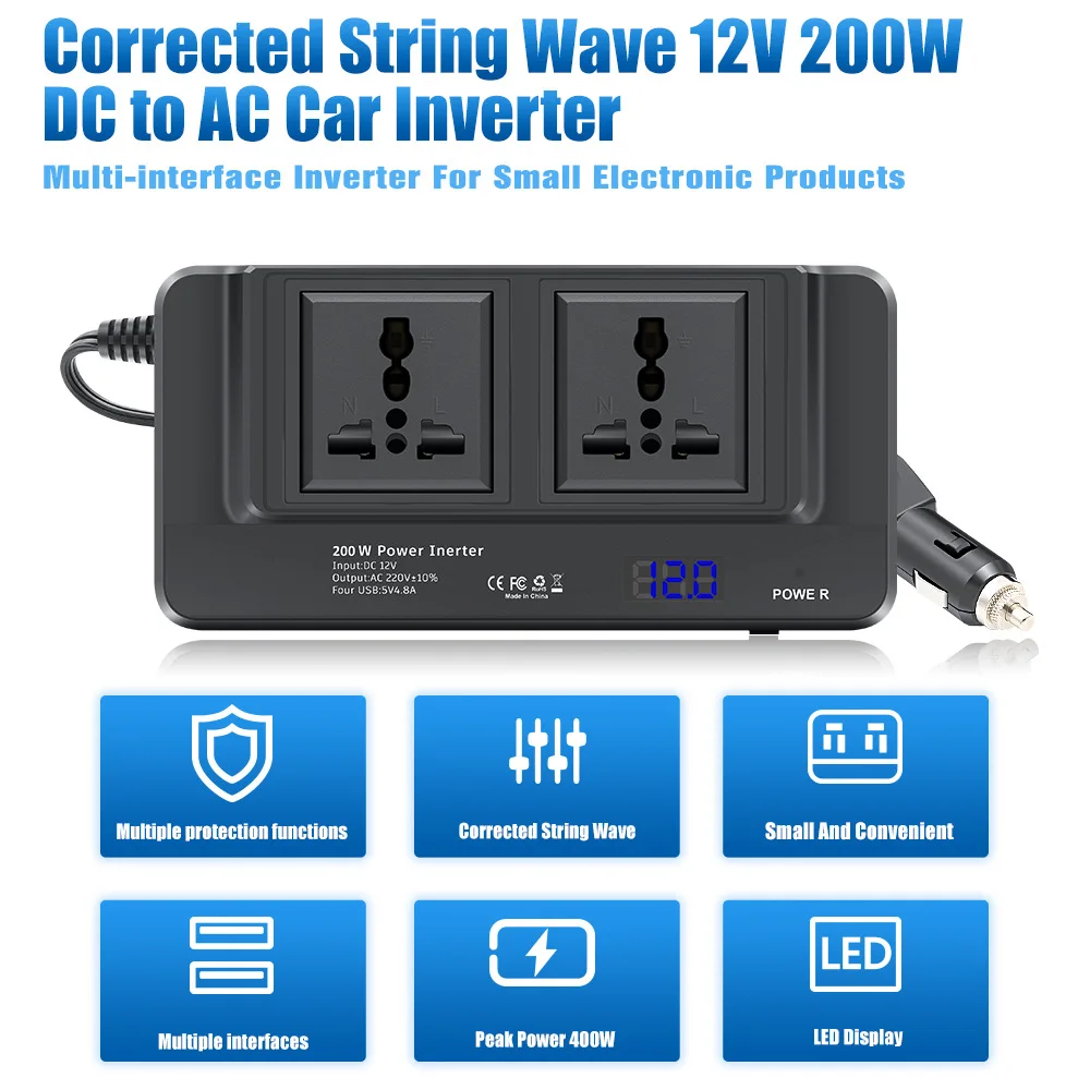 

Car Power Inverter 12V 200W Cigarette Lighter Car Inverter LED Digital Display Cooling Fan for Emergency Phone Charging