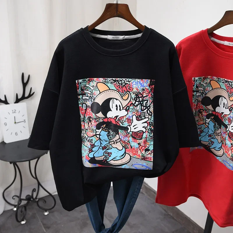 2023 New Mickey Mouse Short-sleeved T-shirt Women Korean Version Thickened Mid-length Streetwear Mickey Mouse Y2k Clothes Tops