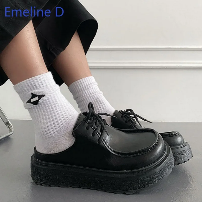 

Men's Polished Leather Slip On Mule Shoes Round Toe Lace Up Upper Thick Grain Platform Outsole Urban Daily Streetwear Footwear