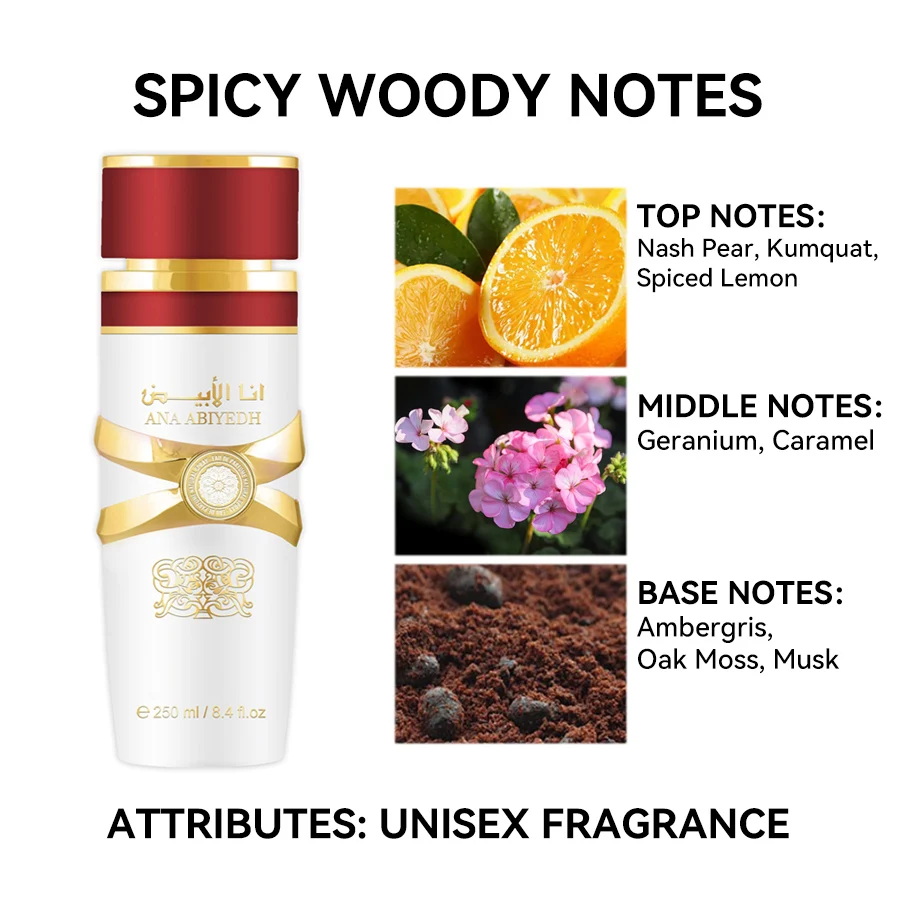 Perfume árabe para mujeres y hombres, Spray Eau de Parfum inspirado en Ana Abiyedh Rouge, notas picantes Woody, 250ML, 8.4FL.OZ