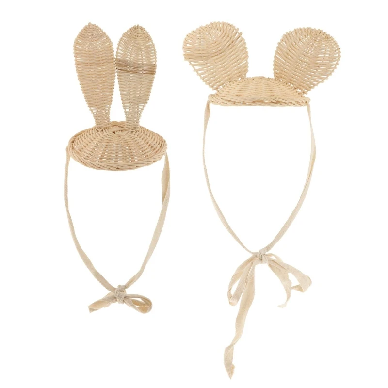 Hand-woven Cartoon Mickeys Rabbit Lace Up Hat Rattan Woven Hat Decorative Hat for Kids Children Street Shooting