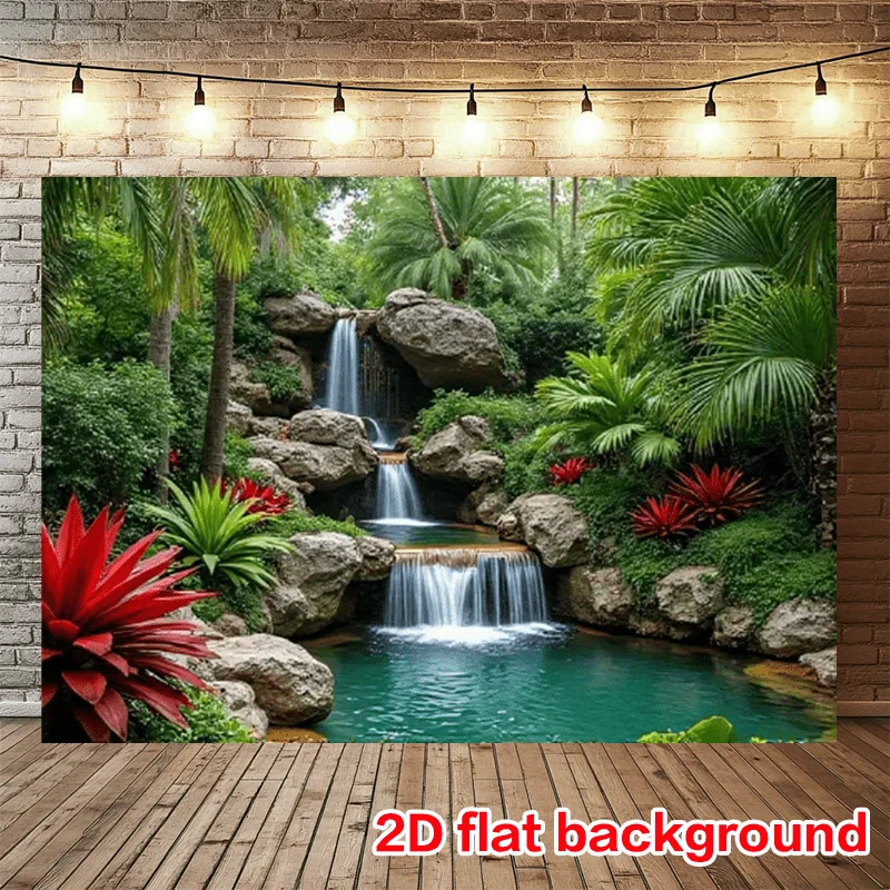Mural de Pared 2D Plano, 1 Pieza, Cascada Tropical - Fondo de Jungla con Agua Turquesa y Palmeras con Diseño de Piscina Turquesa