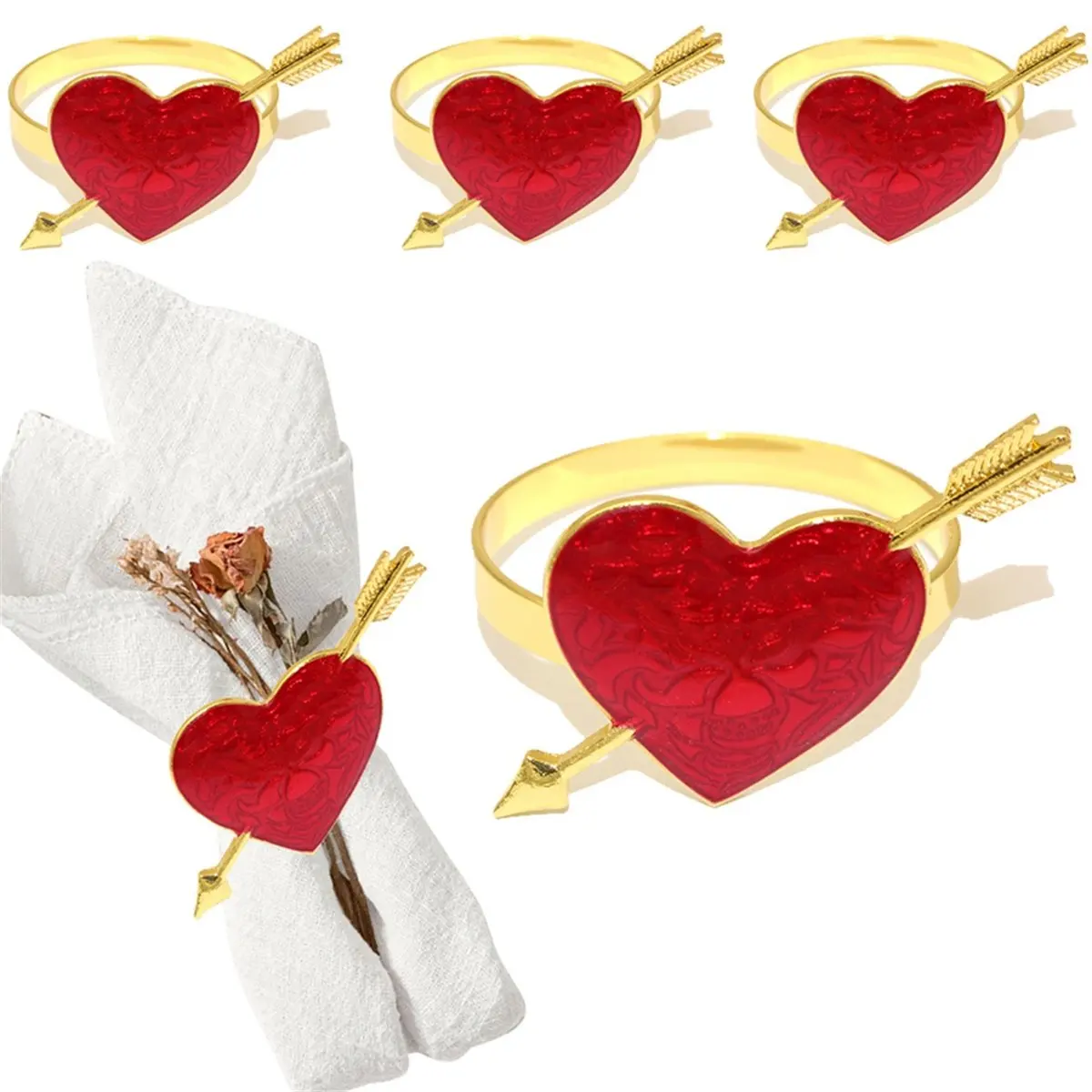 Top Sale 6PCS Valentine Heart Napkin Rings Red and Gold Heart Napkin Holder for Valentine'S Day Wedding Table Decor