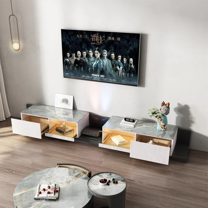 Modern Design Living Room Furniture With Turntable Wooden Drawer Storage Luxury Marble TV Stand