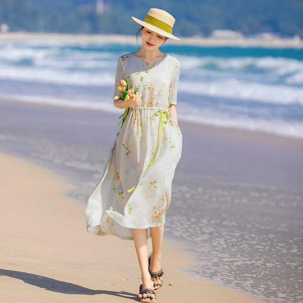 2024 Estate Nuovo Retro A Vita Alta Stampa di Canapa Dr Or Sve Con Cintura Artistica delle Donne Faionable Casual Busin Home Wear