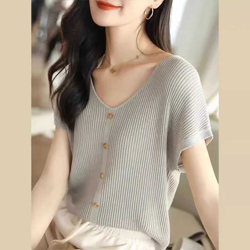 

2025 Summer New V-Neck Bat Sleeve Knitted Shirt Button Decoration Versatile Loose Look Thin T-Shirt Ice Silk Top For Women