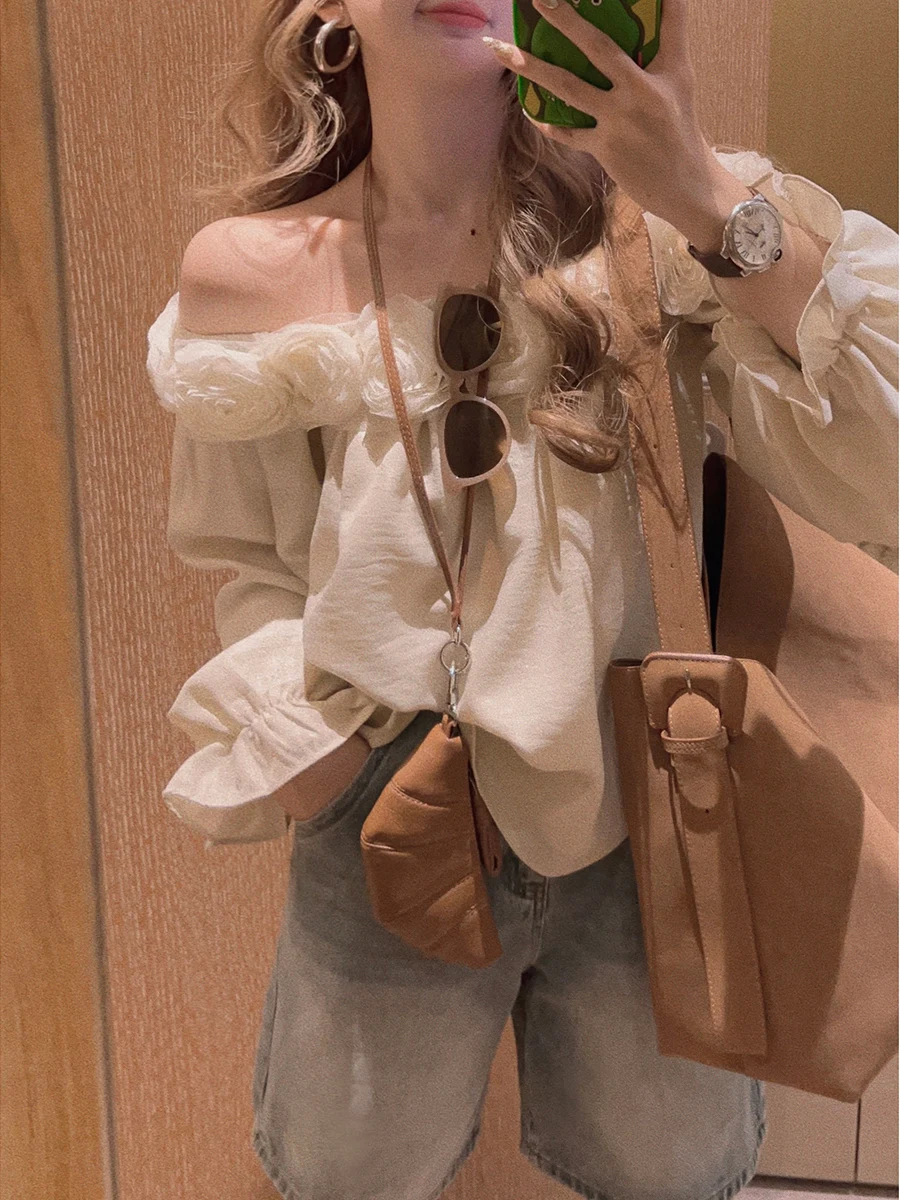 

Yukiss 3D Floral iny One oulder irt Plump Friendly Sweet Sle Loose Fit Long Sve Cotton Polyester Blend Spring 2025