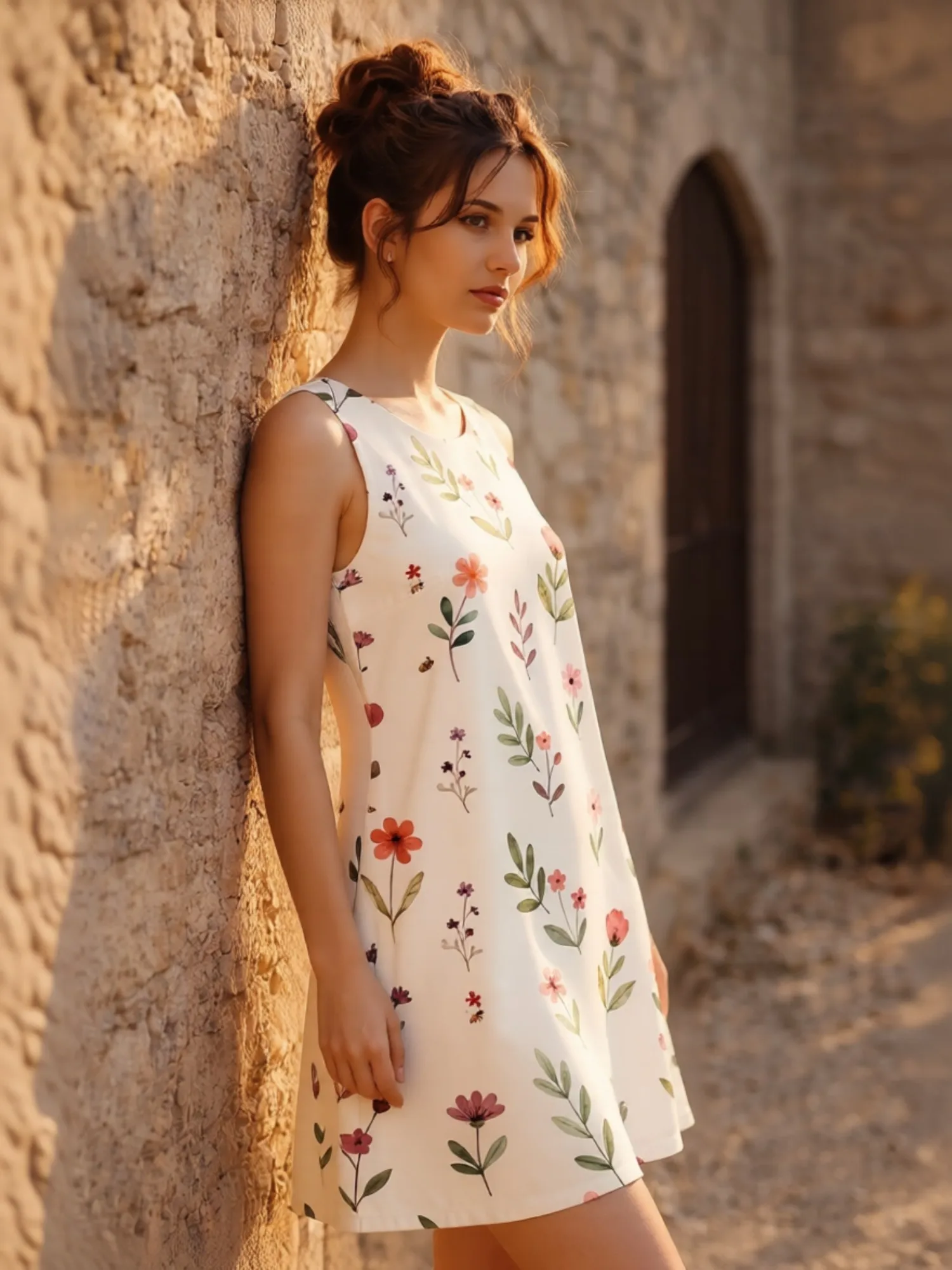 Damen-Minikleid mit Blumenmuster, ärmellos, A-Linie, Rundhalsausschnitt, Sommerkleid für Strand, Resort, Shopping, Spaziergänge und Alltag, charmant – Detail 2