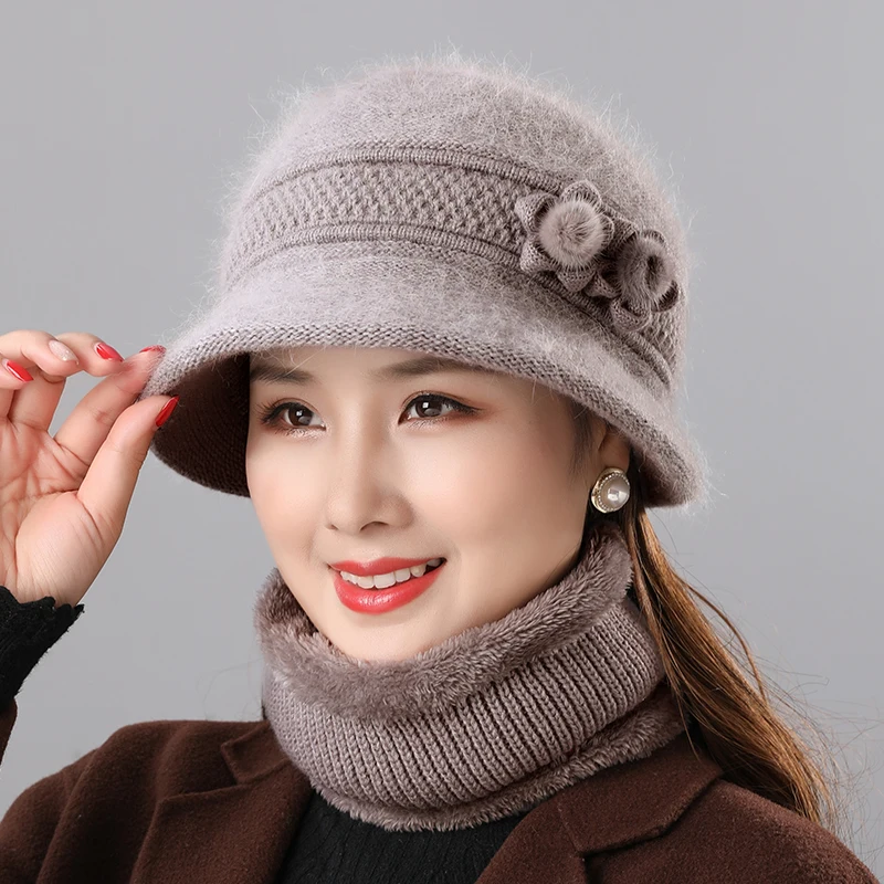 Warm Rabbit Hair Hat Elderly Mother Hat Autumn and Winter Women Bib Two-piece Set Simple Fashion Temperament Winter Basin Hat