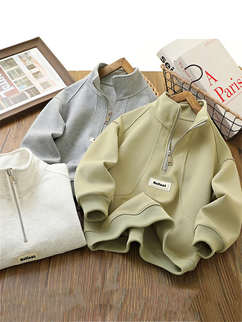 

Boys Casual Sweatshirts Kids Long Sleeved Pullover Teen Fashion Half-zip Outerwear Costume Children Clothes 4-14 Years