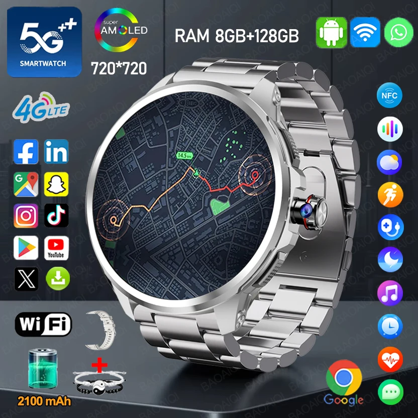 

5G/4G All-Network Smart Watch AMOLED 1.95 inch 2100mah Battery 8GB+128GB RAM 900W Camera GPS WIFI Google APP Download Smartwatch