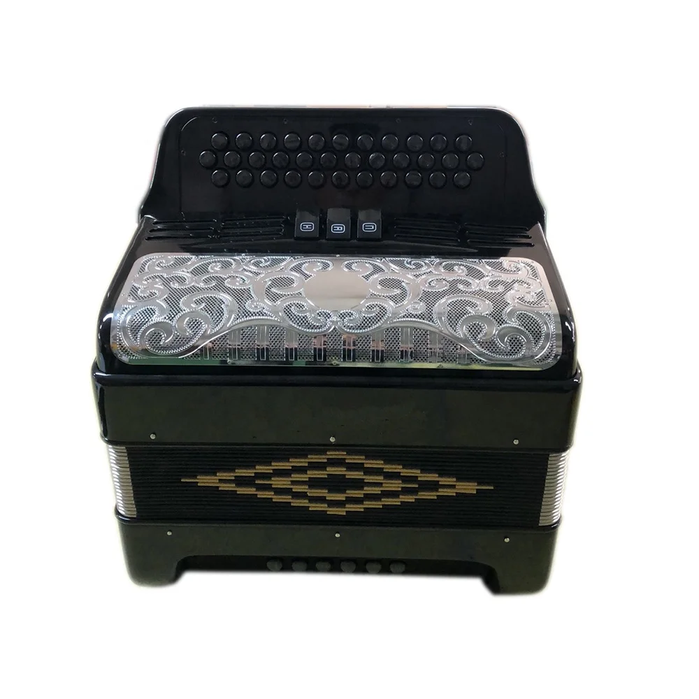 JB3412C Accordion Instrument 34-Button 12-Bass 3-Registers Bright Black Body Silver Grill White Diatonic Wood
