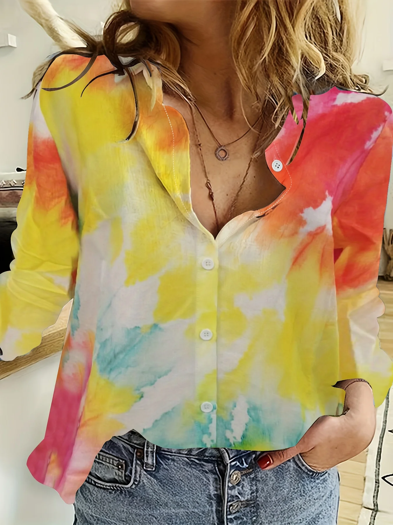 Elegante camicia Casual da pendolare stampata con giunture a tre colori camicetta allentata con scollo a v da donna monopetto a maniche lunghe da donna