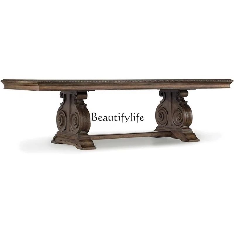 

French country retro oak solid wood carving flower dining table combination American simple rectangular dining table