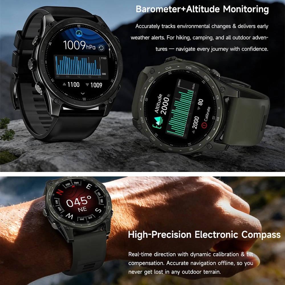 Health Smartwatch Outdoor Smart Watch Sports Compass Blue Tooth Call 5ATM Waterproof LED Flashlight AMOLED Screen Watches
