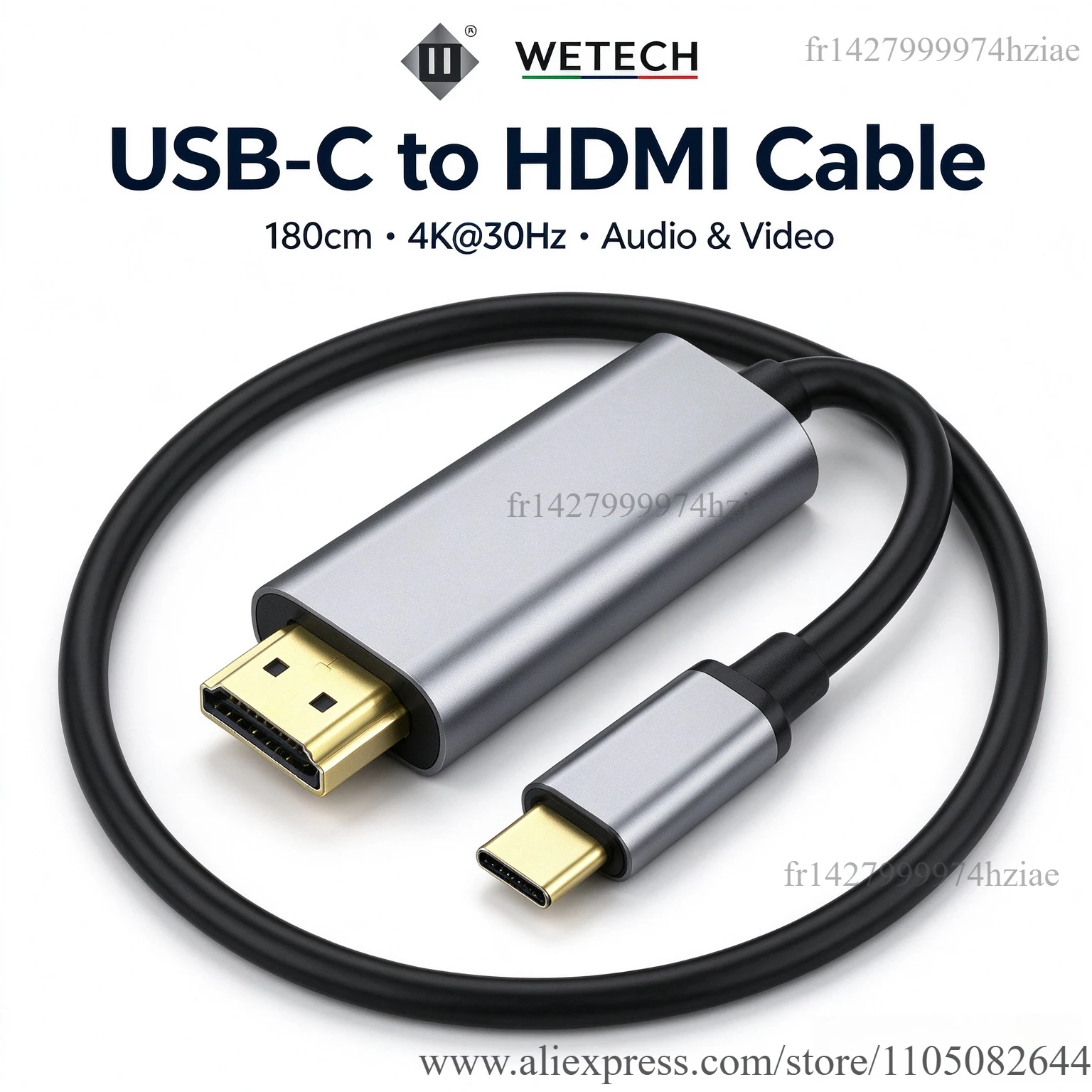 Cavo USB-C-HDMI WETECH WI30 180cm 4K 30Hz, cavo audio-video da Type-C a HDMI per laptop, smartphone, TV e proiettore