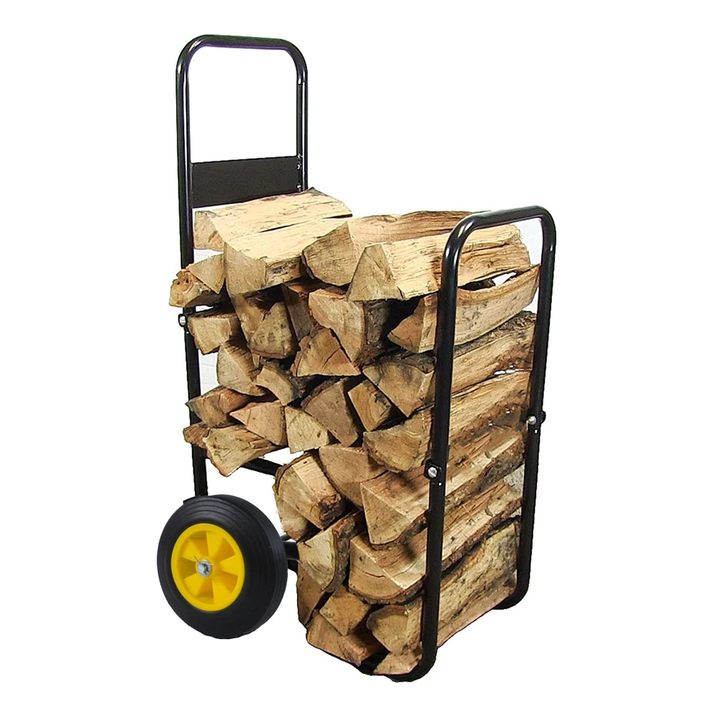 

Firewood Log Cart Carrier Outdoor or Indoor Black Steel Wood Rack Storage Mover Rolling Wheeled Metal Dolly Hauler Wood Moving