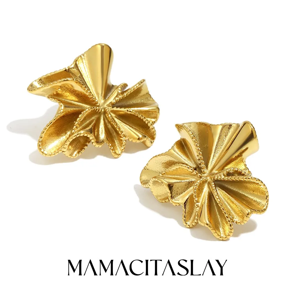 MamacitaSlay 316L Edelstahl gefaltete Blumen-Ohrstecker, 18 Karat vergoldet, wasserdicht, Schmuck, elegante Ohrringe für Damen, Geschenk