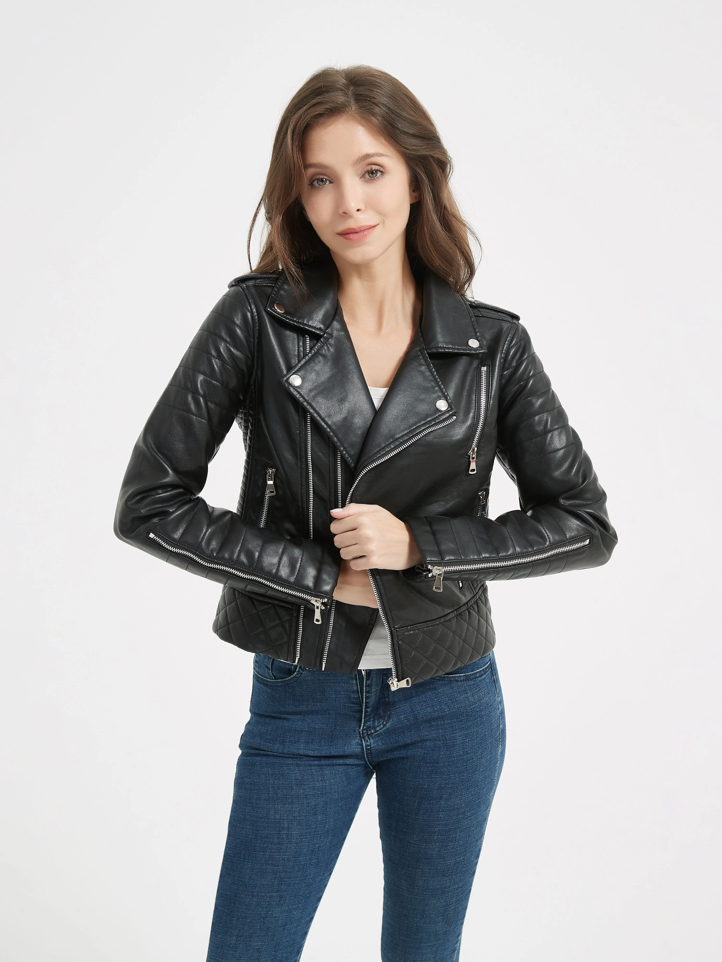 Veste courte en similicuir PU pour femme, manteau de motard en relief, vêtements d'extérieur à fermeture éclair pour femme, revers, printemps, automne, nouveau, 2024