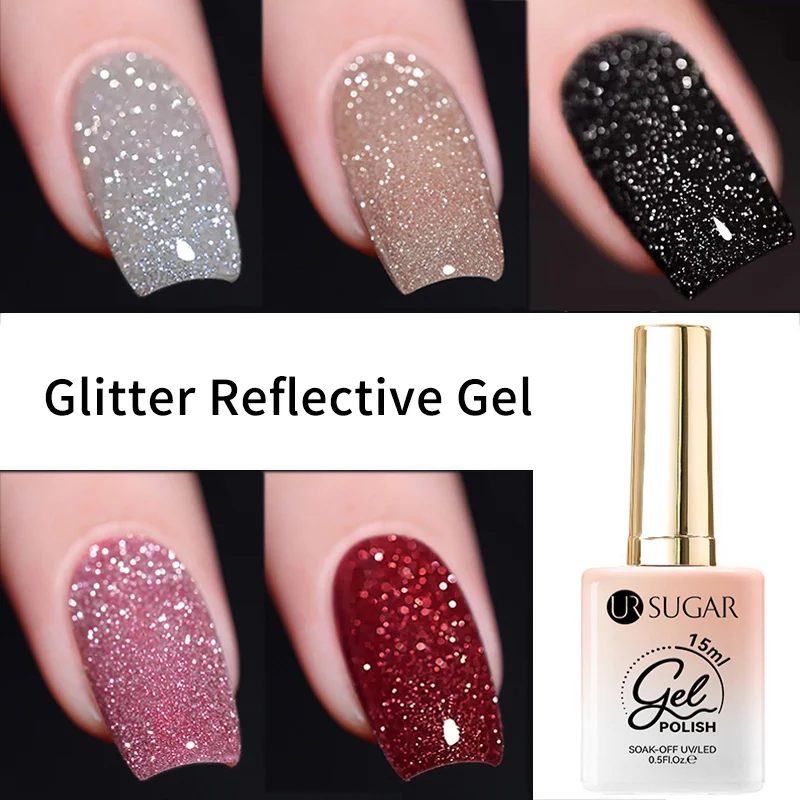 UR SUGAR 15ml Reflective Gel Nail Polish Glitter Dark Flashy Semi Permanent Gel Gold Silver Sparkling Soak Off UV GEL