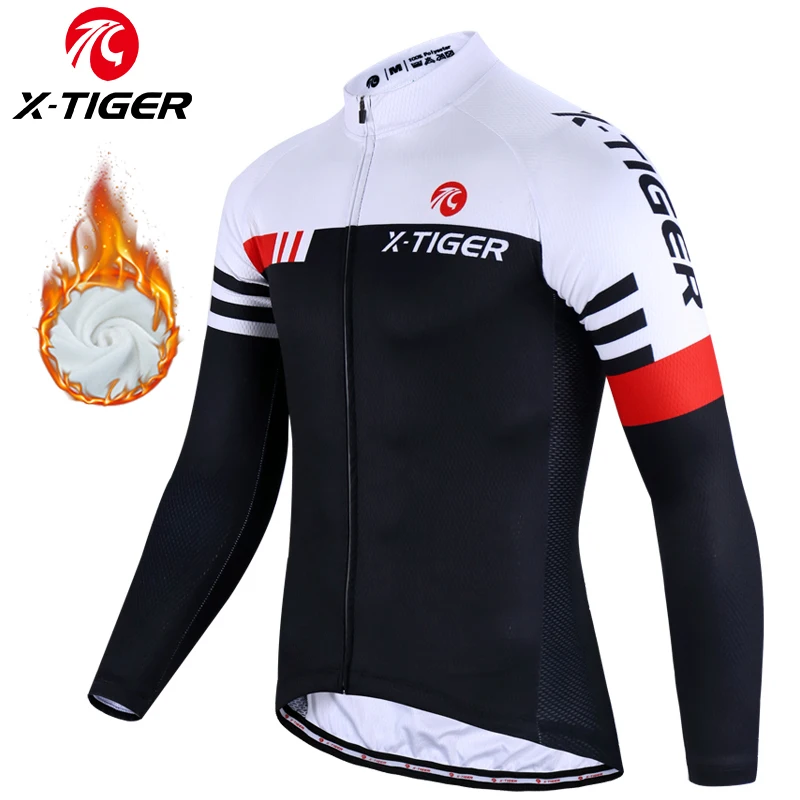 X-TIGER Winter Bike Jersey Men\'s Long Sleeve Thermal FleeceCycling Jersey with Pockets Road Bicycle Shirt