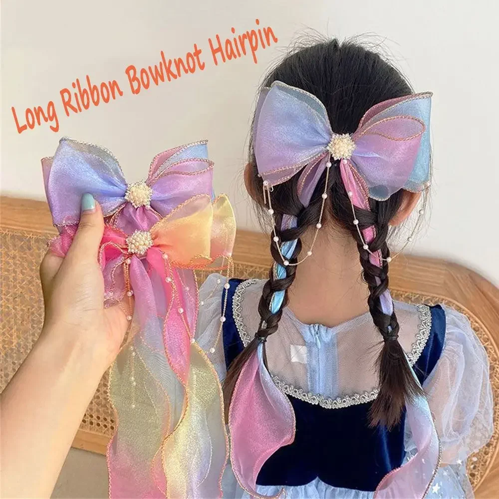 Hair Accessories Gradient Color Baby Girls Headwear Princess Hairpin Long Ribbon Hairpin Lace Bow Hair Clips Braided Hairpin