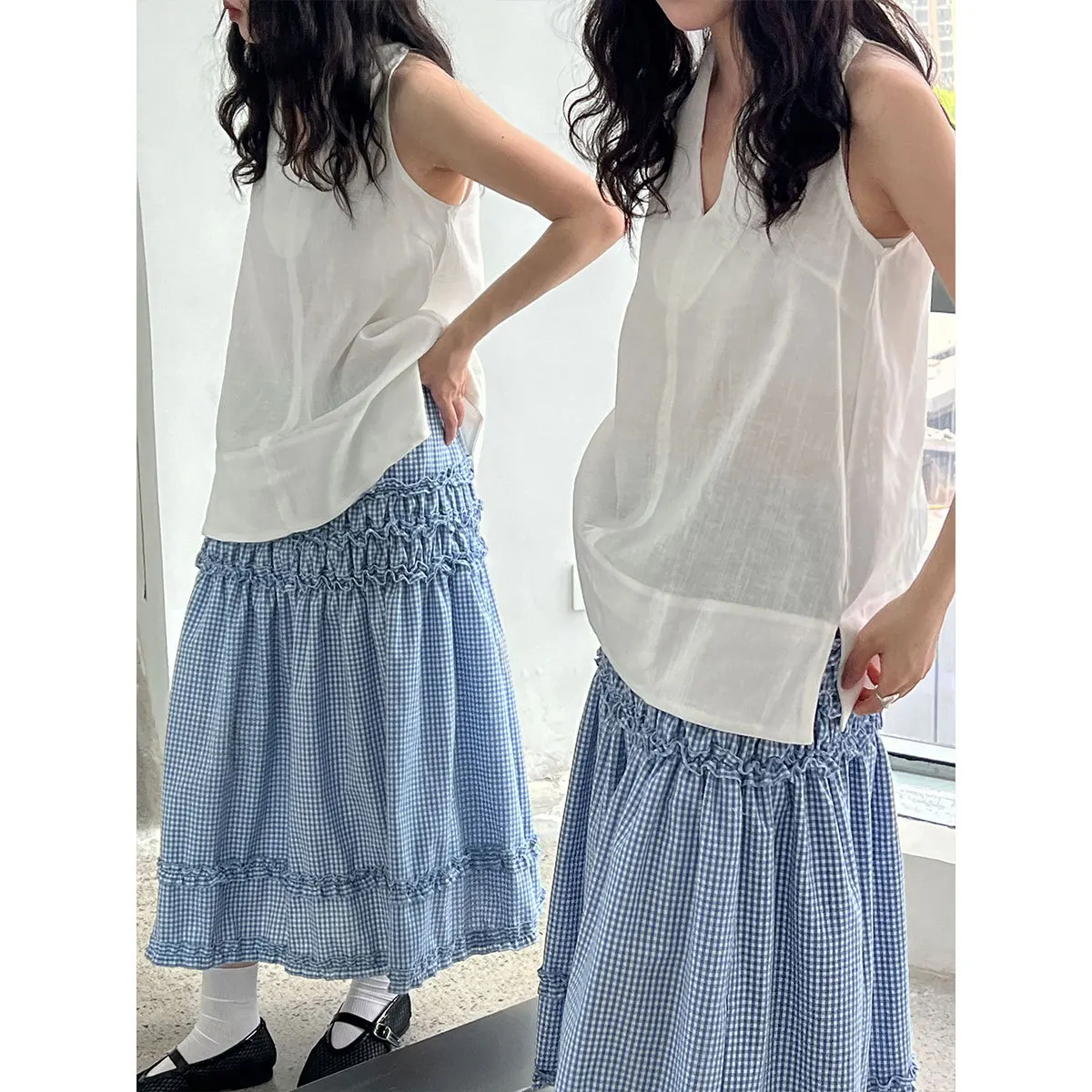 T-shirt con scollo a V in lino francese da donna, nuova maglietta estiva con bretelle stile vacanza