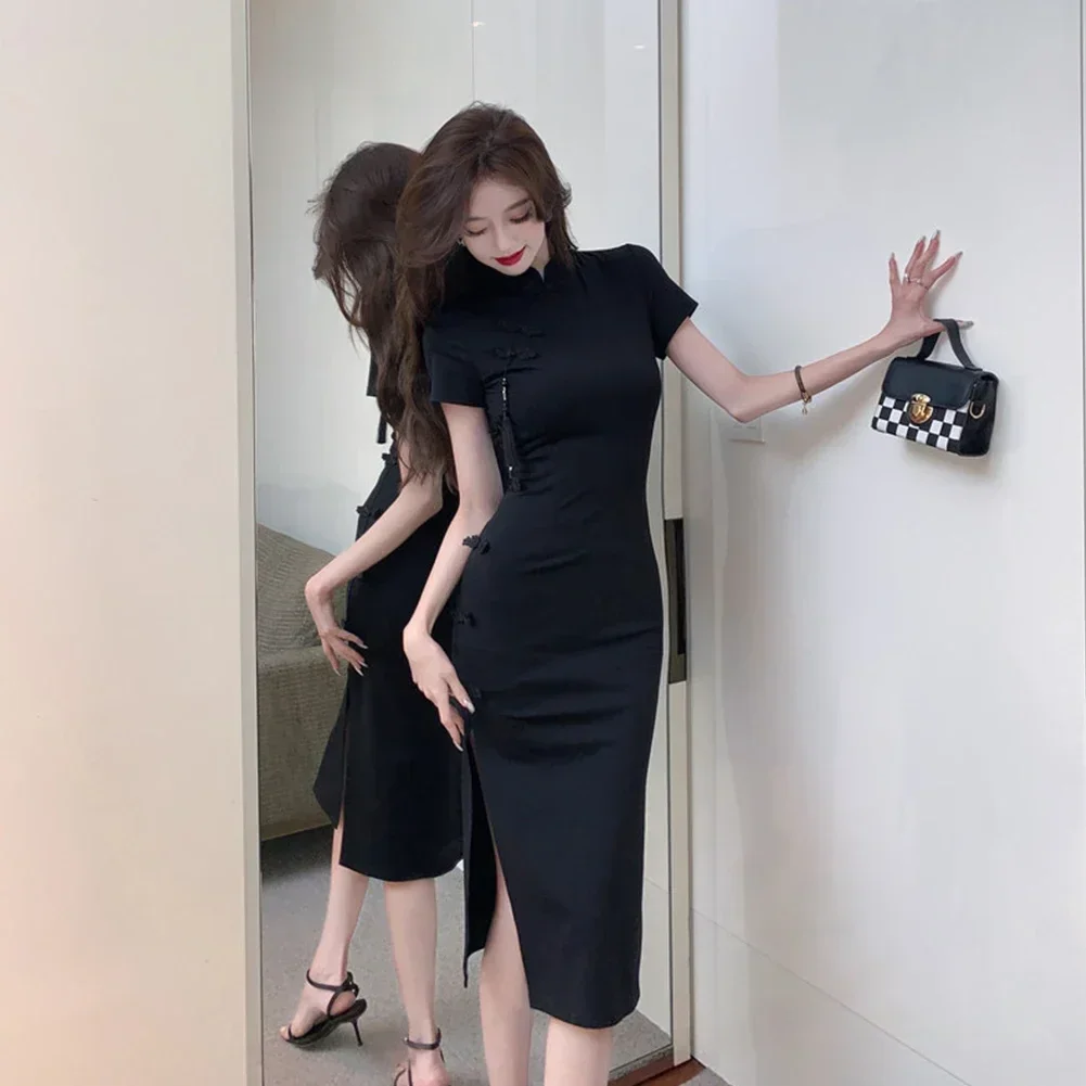 المرأة الرجعية زرر شيونغسام تنورة أزياء الخصر شق الورك ملفوفة اللباس