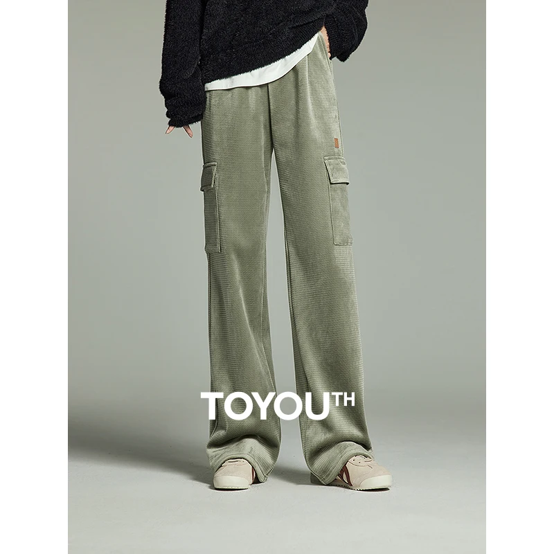 

Toyouth Women Plush Thicken Sweatpant 2023 Winter Elastic Waist Straight Loose Wide-leg Trousers Multi Pocket Casual Warm Pants