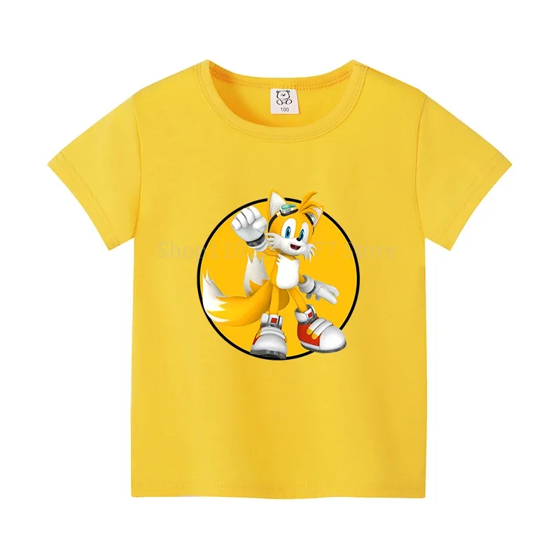 子供用ソニックアニメプリントTシャツ,ラウンドネックカジュアルトップ,純綿,半袖シャツ,パーソナライズされた服,夏