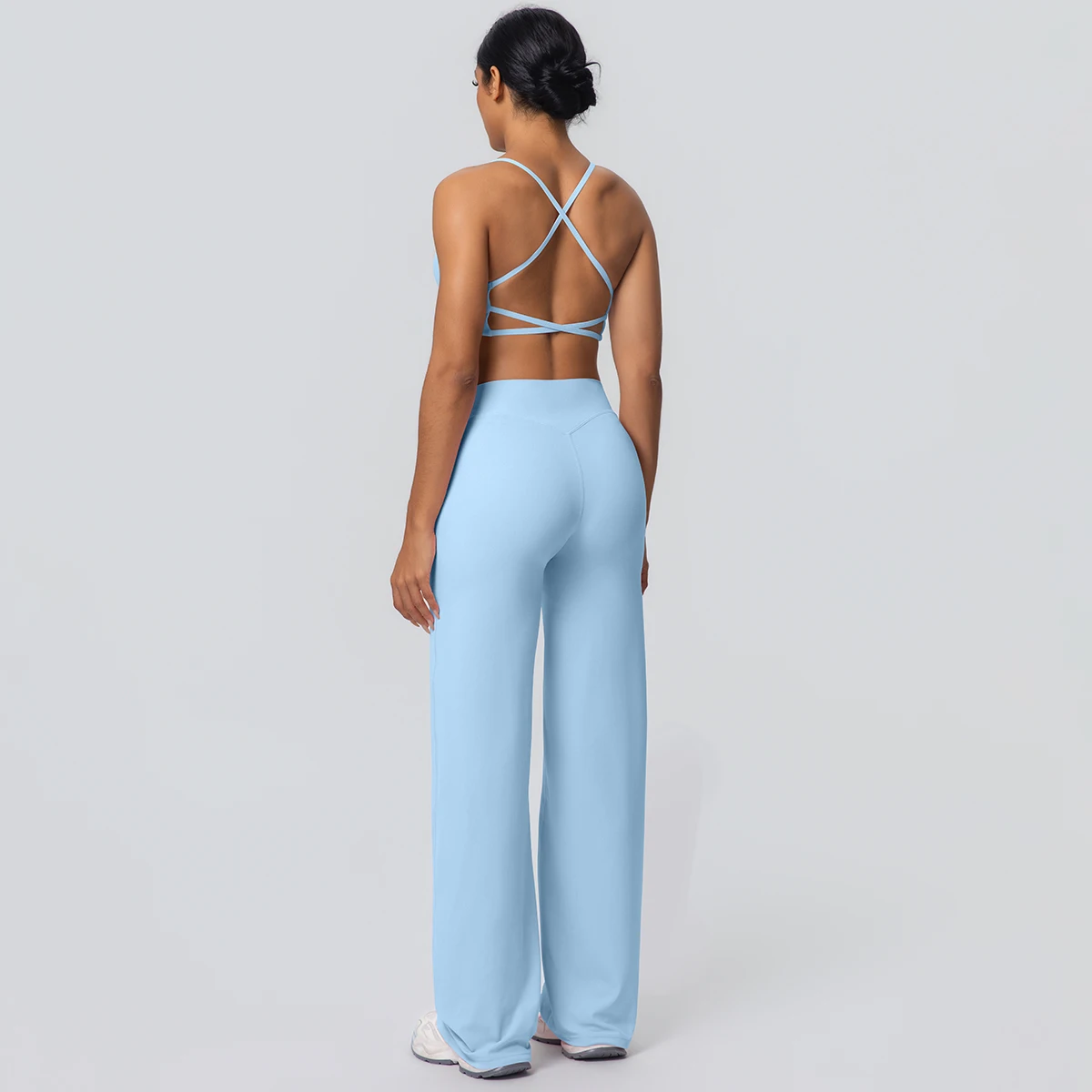 Frauen Gym Sport Yoga Anzug Sexy Schöne Zurück Yoga Unterwäsche Mit Brust Pad Einfarbig Hohe Taille Breite Bein Hosen Yoga Set – Detail 31