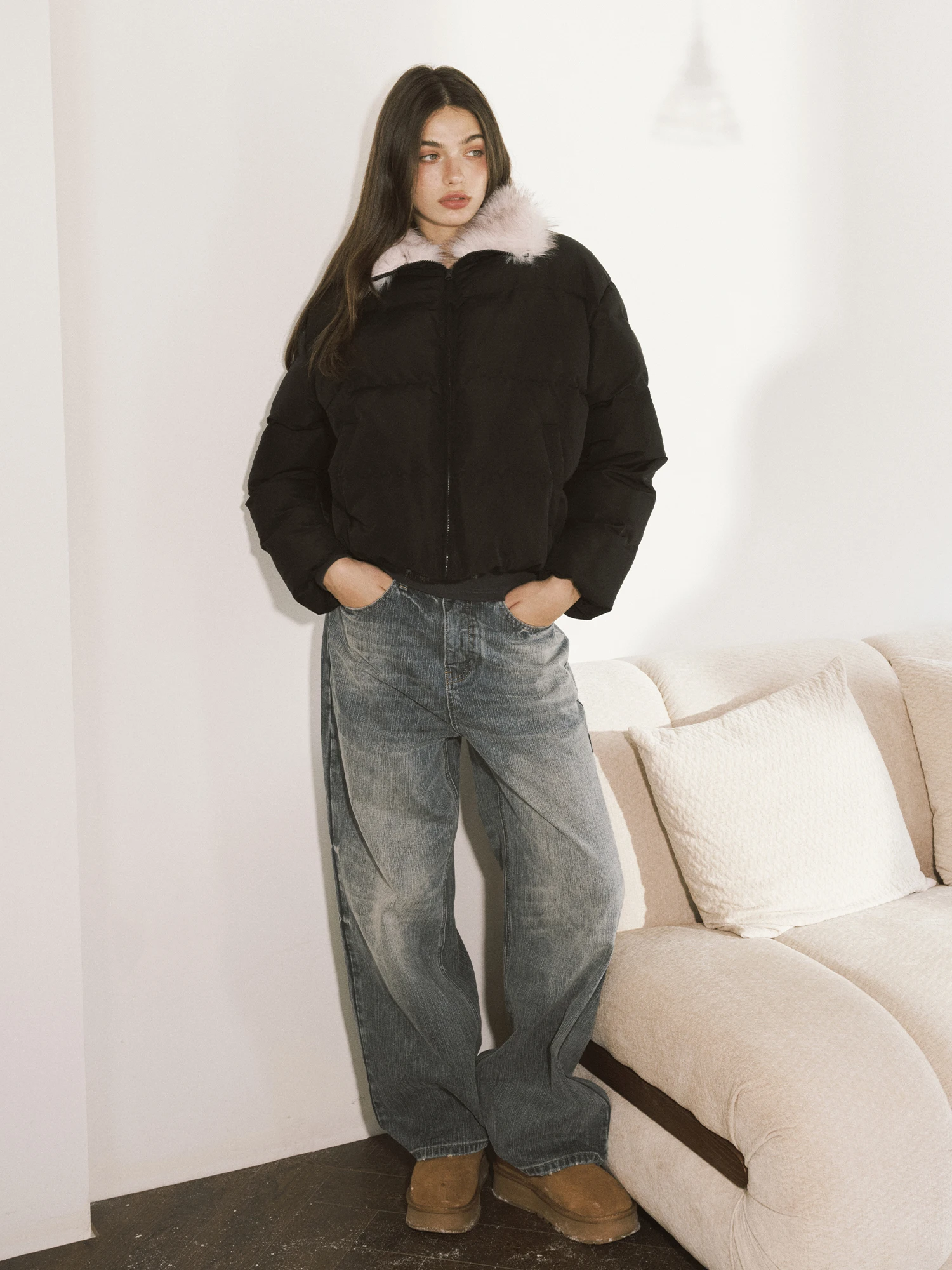 

Yescci женское ort Puffer Jaet 2025, новое зимнее хлопковое пальто с меховым воротником, базовая модель с застежкой-молнией