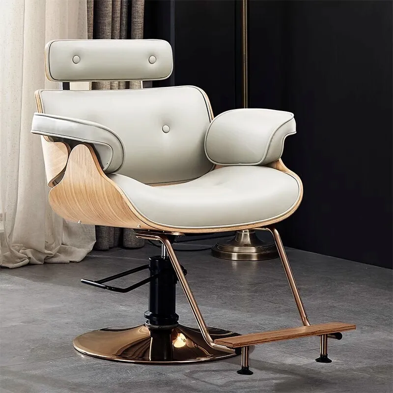 Lie Flat Hair Chair Barbershop Hair Salon Lifting Luxury Salon Beautify Special Rotation Walnut Leather Chair Manufacturer Sale