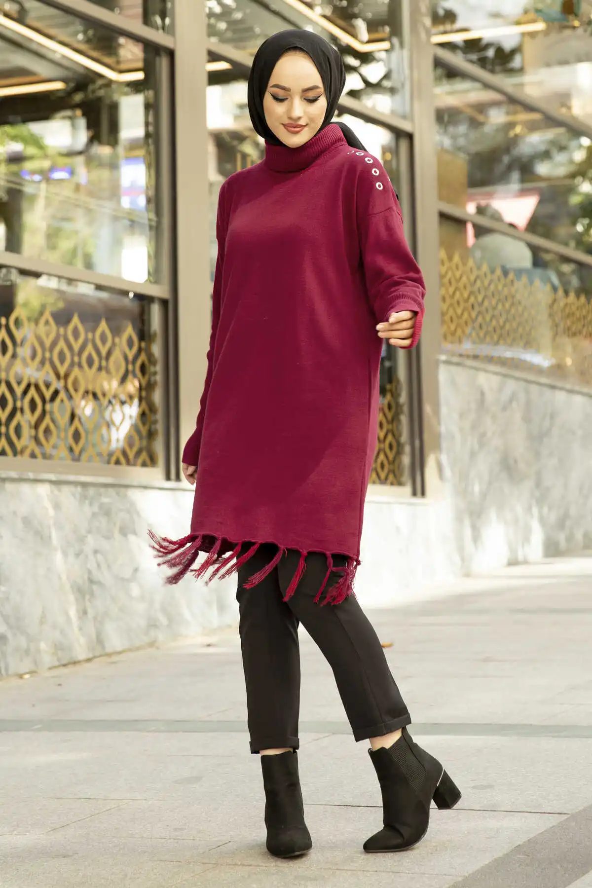 Tassels Hijab Knitwear Tunic Burgundy Winter Autumn 2021 Muslim Women Hijab headscarf Islamic Turkey