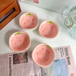 4pcs Ceramic Strawberry Ceramic Dip Dish，Household Seasoning Vinegar Dish，Snack Plate Soy Sauce Dish Complementary Food Bowl