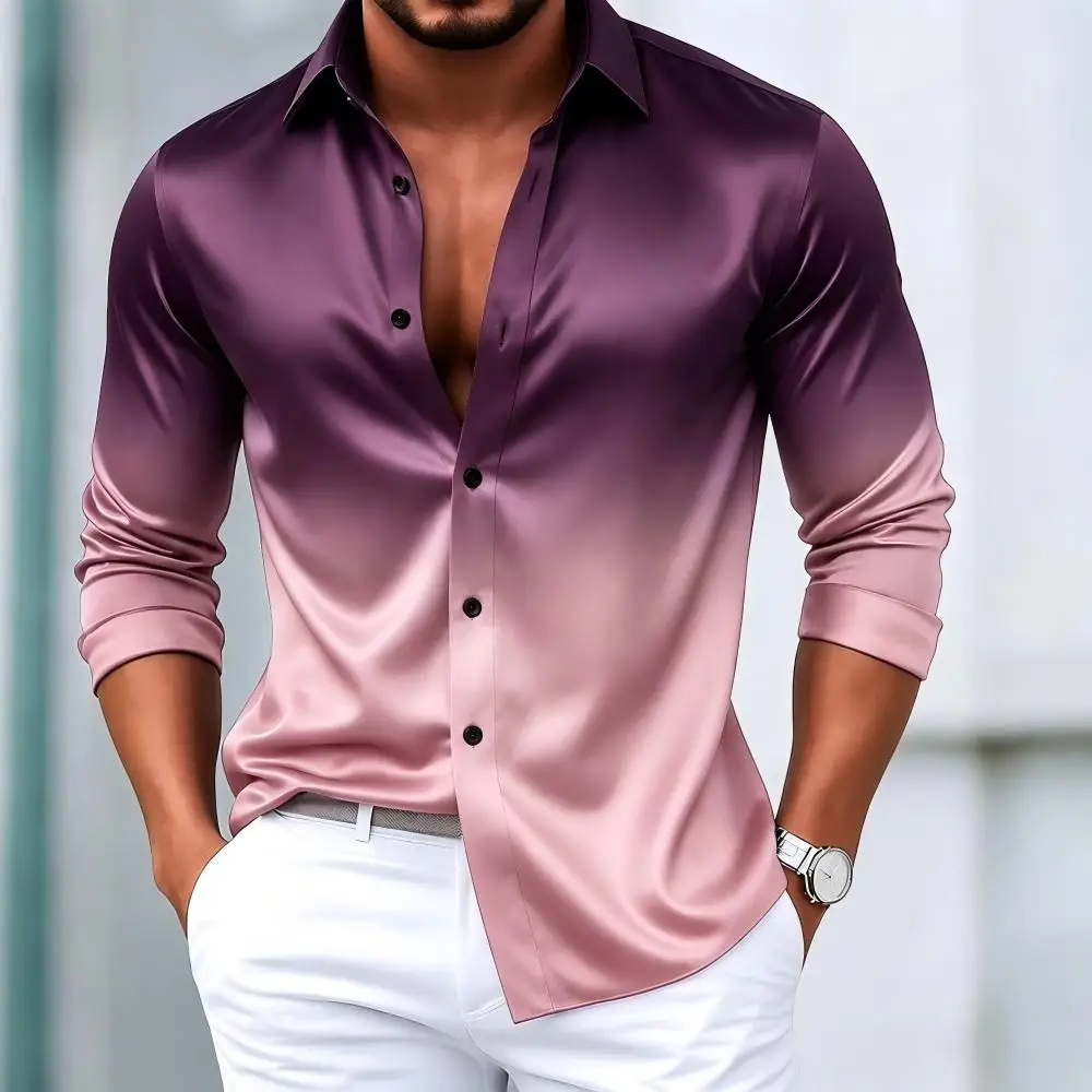 Men's shirt satin shirt dance shirt gradient wedding formal long sleeved flat bucket spring clothing
