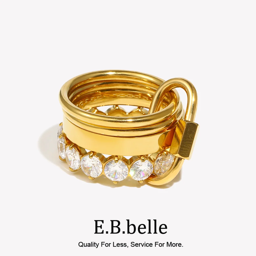 E.B.belle Non Fixed Multipile Layers Luxury Zircon Rings 18K Gold Plated Stainless Steel Fashion Party Wedding Finger Jewelry