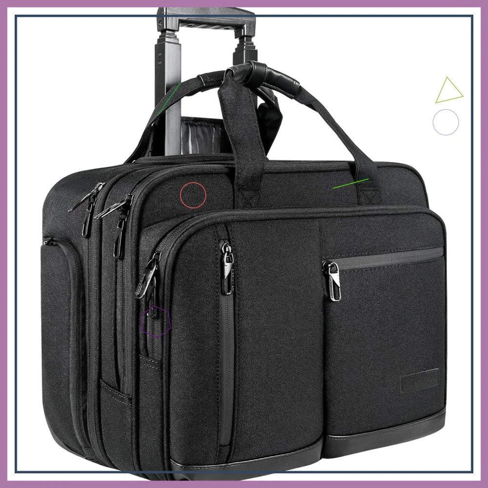 

17.3 Inch Rolling Laptop Bag, Waterproof Overnight Travel Bag, Stylish Carry-On Briefcase for Work/Business, Black