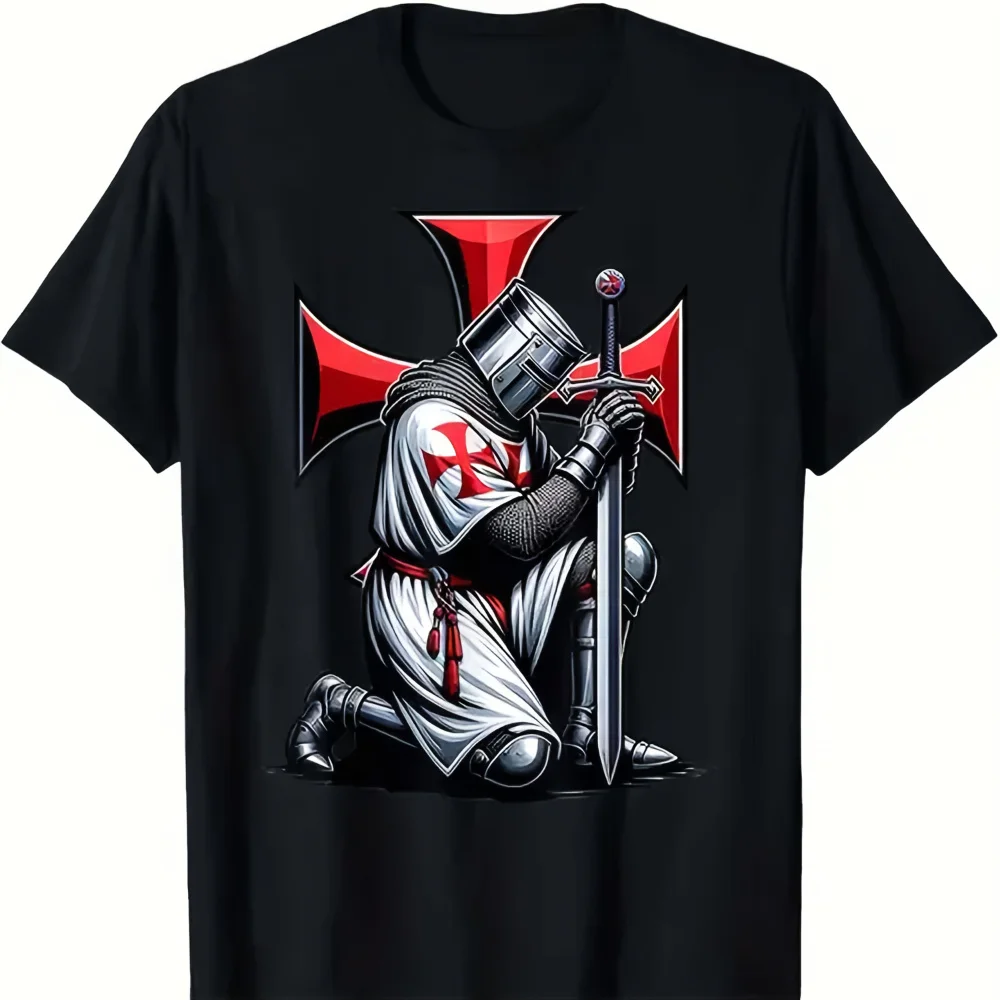 

Мужская футболка Large Templar Christian Warrior Crusader — жирный крест и броня, черные хлопковые короткие рукава