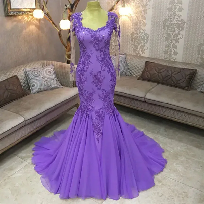 Purple Mermaid Women Special Occasion Prom Dresses With Long Sleeves Glamorous Lace Appliques Beaded Formal Party Gowns