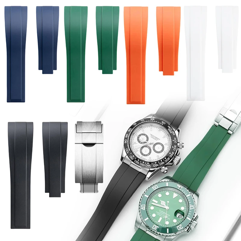 

20mm 21mm 22mm Silicone Rubber Watchband For Rolex Tudor Omega Flat End Watch Belt Soft Rubber strap Folding silver buckle