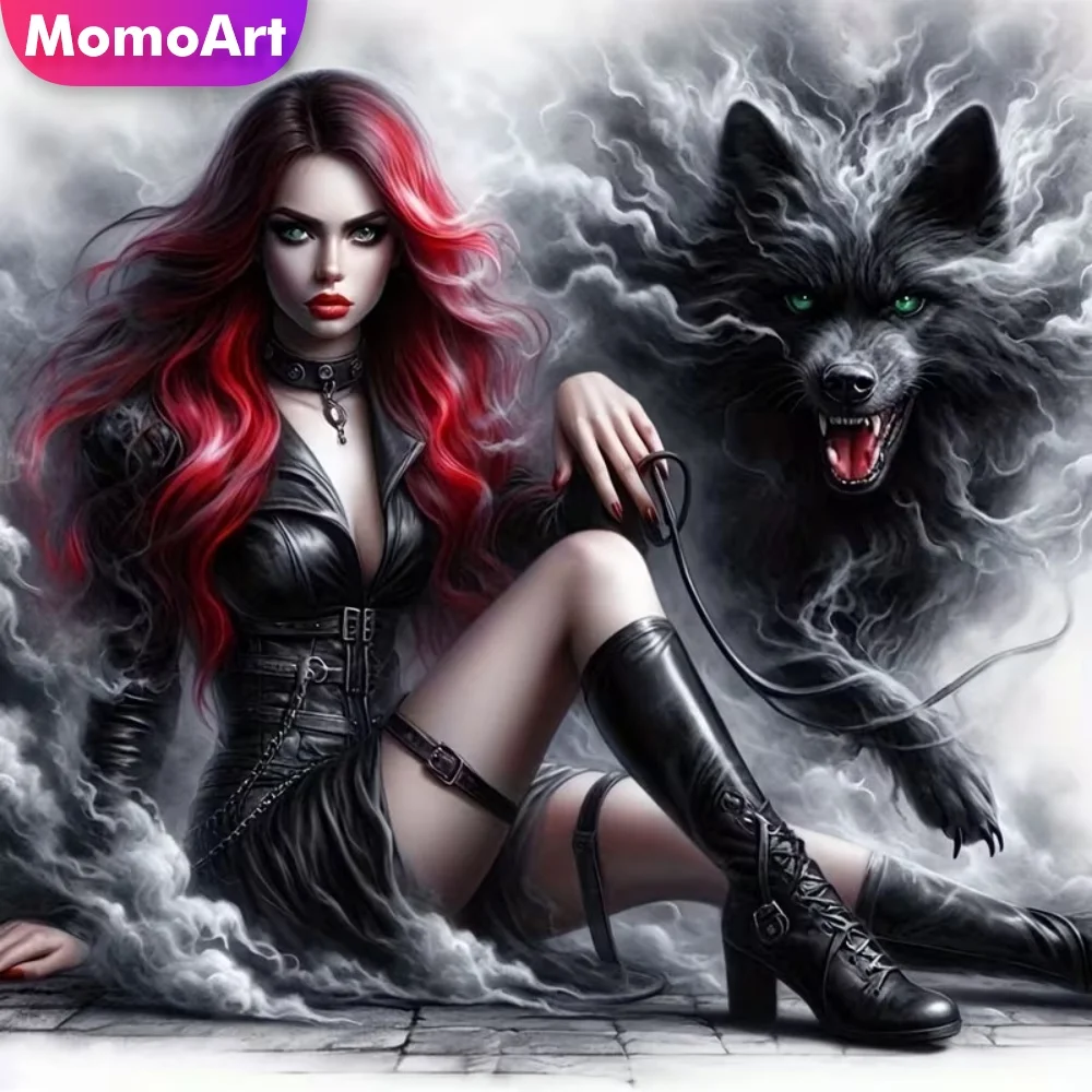 Momoart DIY Diamant-Mosaik Schöner Schwarzer Wolf Neuerscheinung Malerei Frauenporträt Muster für Erwachsene Anfänger Urlaubsgeschenke