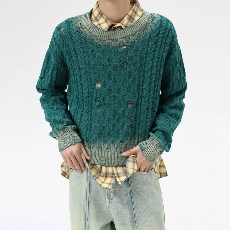 Syuhgfa neue koreanische Art Herren bekleidung Pullover 2024 Herbst runden Kragen Aushöhlung Loch Design Strick oberteil Vintage Herren oberteil