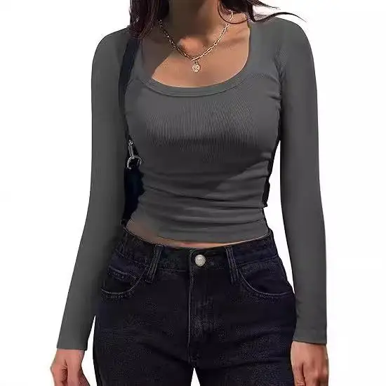 تي شيرت نسائي بقصة ضيقة مخطط طويل Sve Square irt كاجوال من مزيج البوليستر مع تصميم لصق لموسم الربيع #2