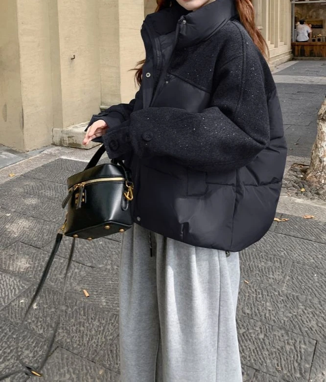 

Cotton Padded Jacket 2025 New Sequin Splicing Stand Up Collar Short Winter Warm Jacket