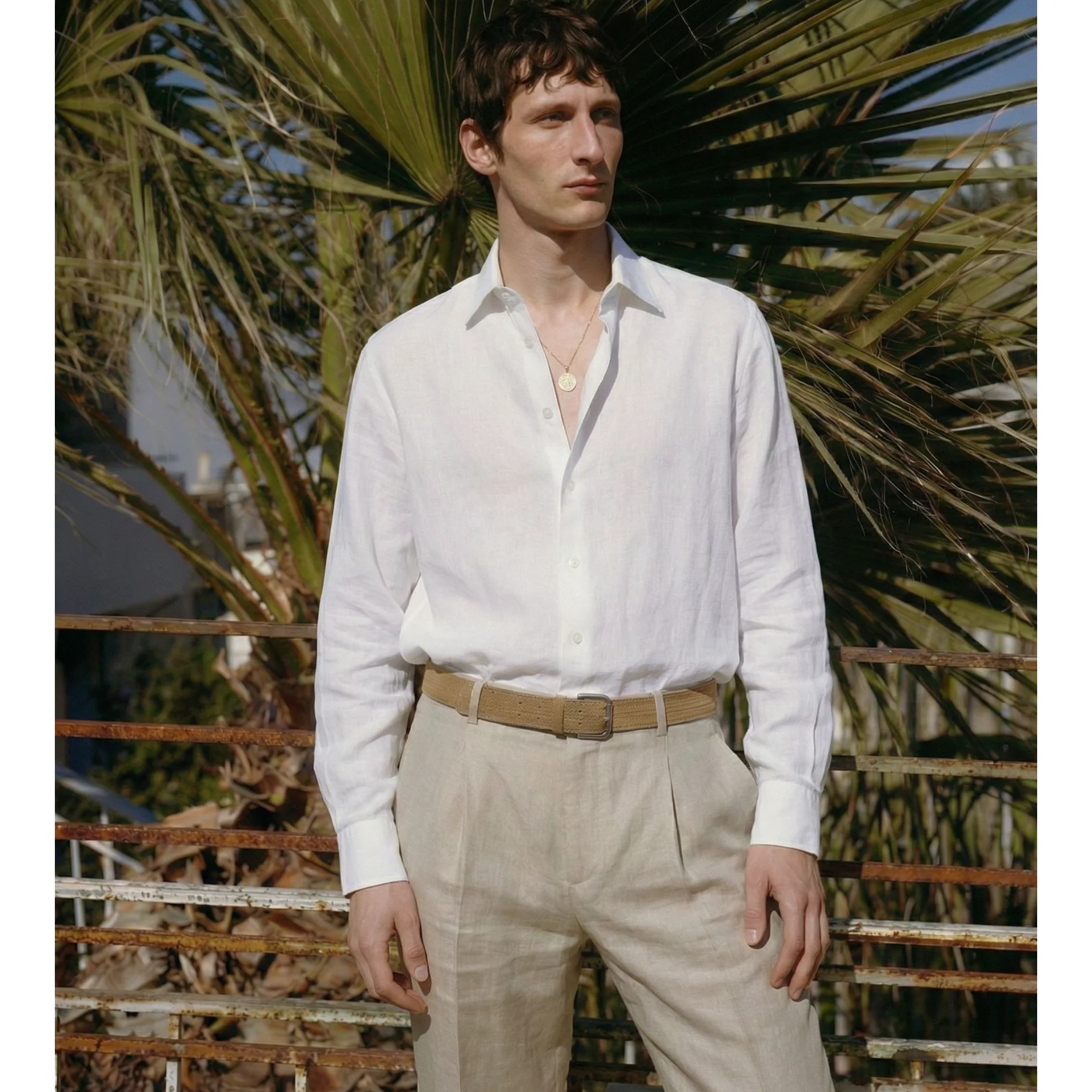 men's shirts Men's long sleeved shirt French luxury natural linen color woven casual business solid color basic shirt men's top