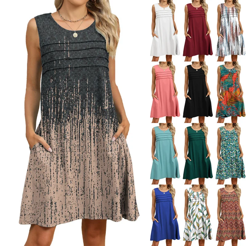 

European and American-border foreign trade2026New Spring/Summer Printed Vest Loose Pocket Dress Women in Stock